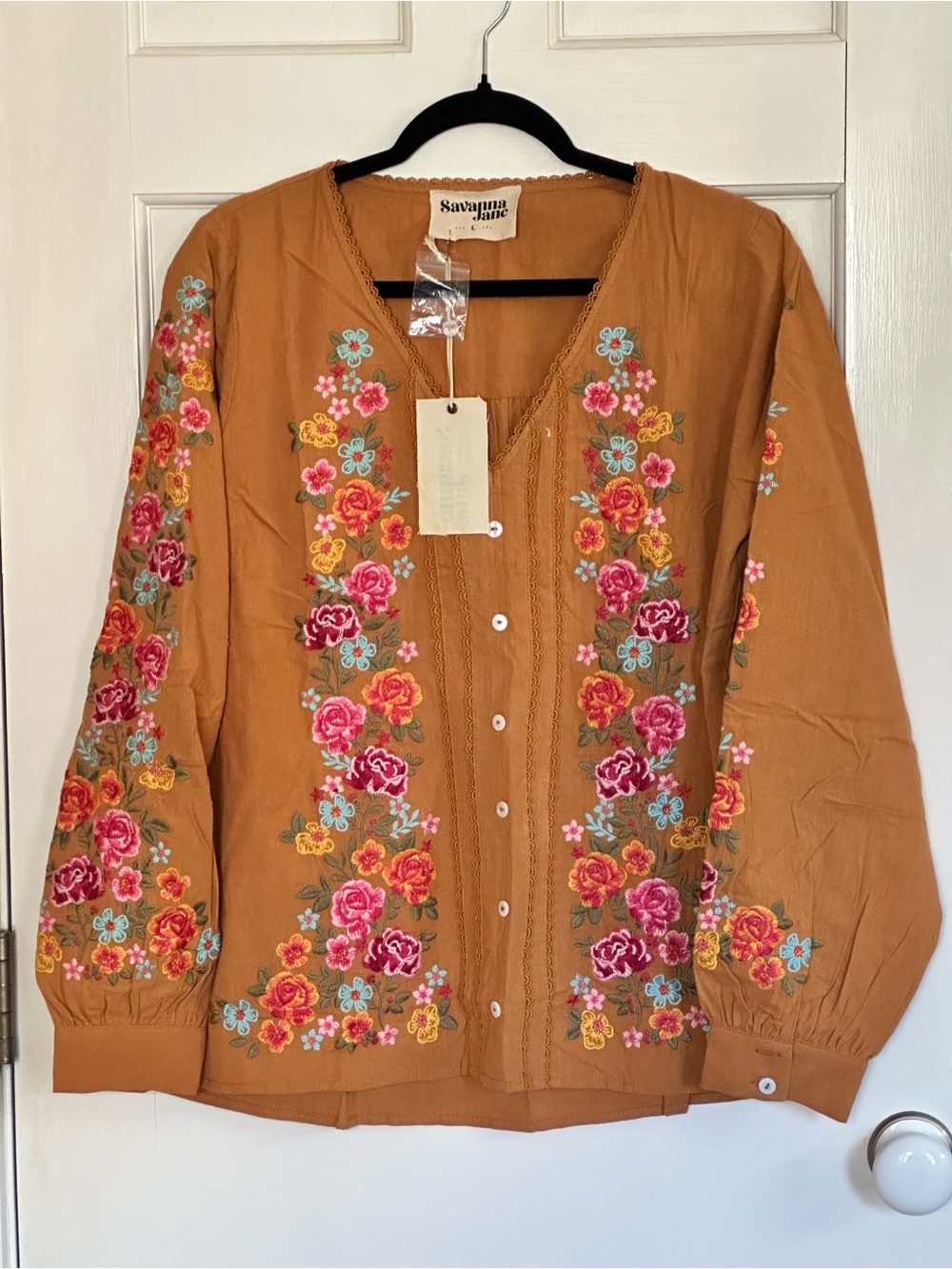Savanna Jane Mustard Embroidered Floral Button-Front Top - Picture 2 of 12